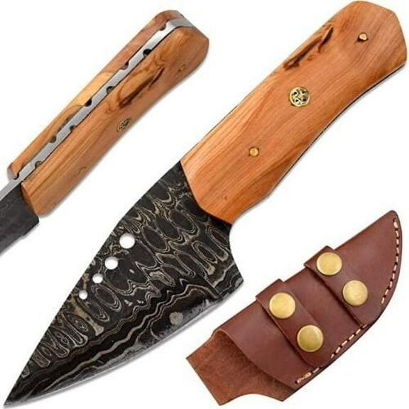 Damascus Steel Blade Razor Sharp Hunting Knife with Leather Sheath