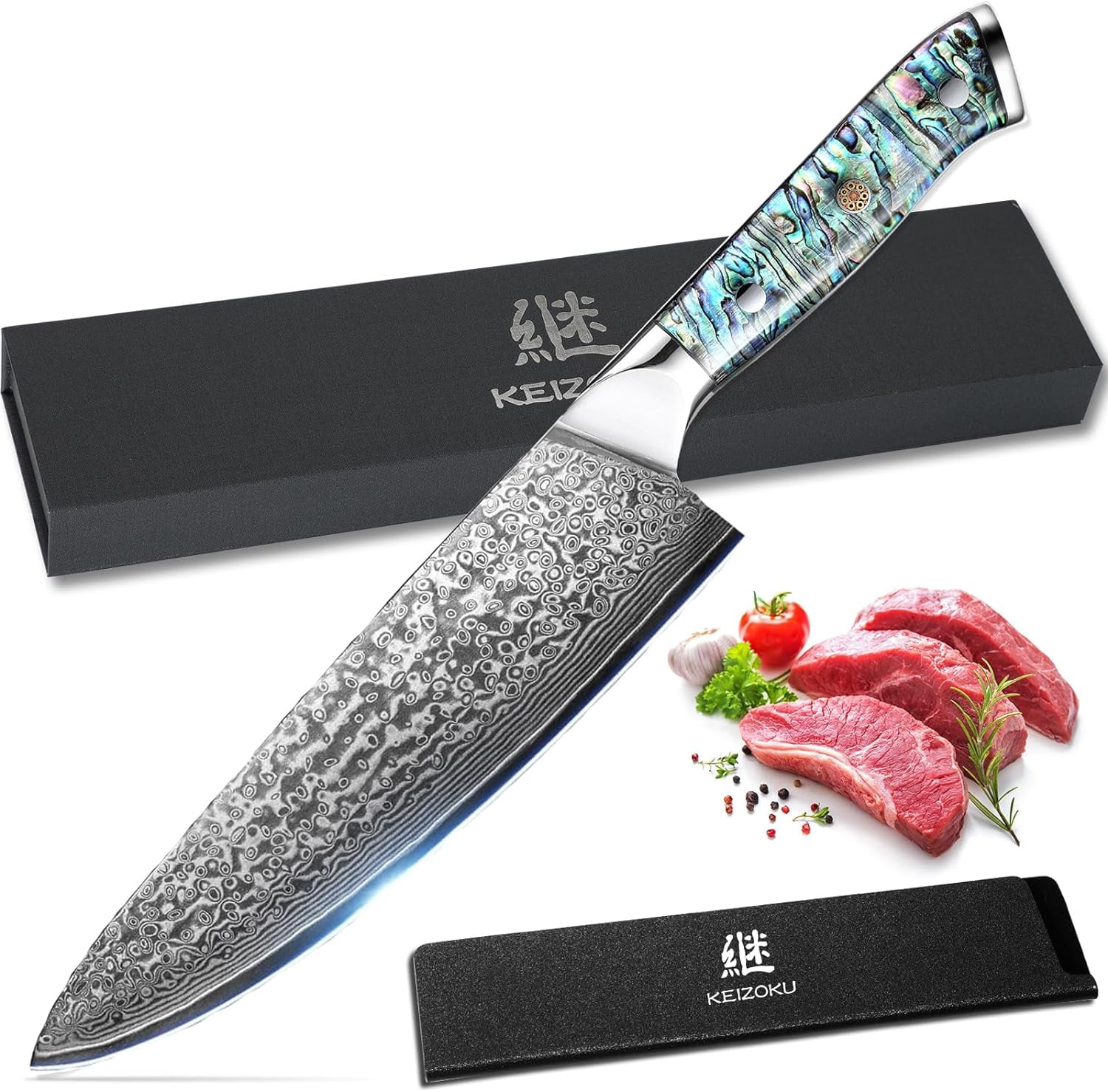 Damascus Steel Chef Knife 8 Inch, Japanese Professional 10Cr15MOV Blade with Hand Forged Hammer Pattern, Ultra Sharp Kitchen Knife with Abalone Shell Ergonomic Handle