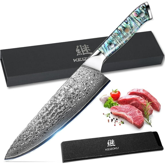 Damascus Steel Chef Knife 8 Inch, Japanese Professional 10Cr15MOV Blade with Hand Forged Hammer Pattern, Ultra Sharp Kitchen Knife with Abalone Shell Ergonomic Handle