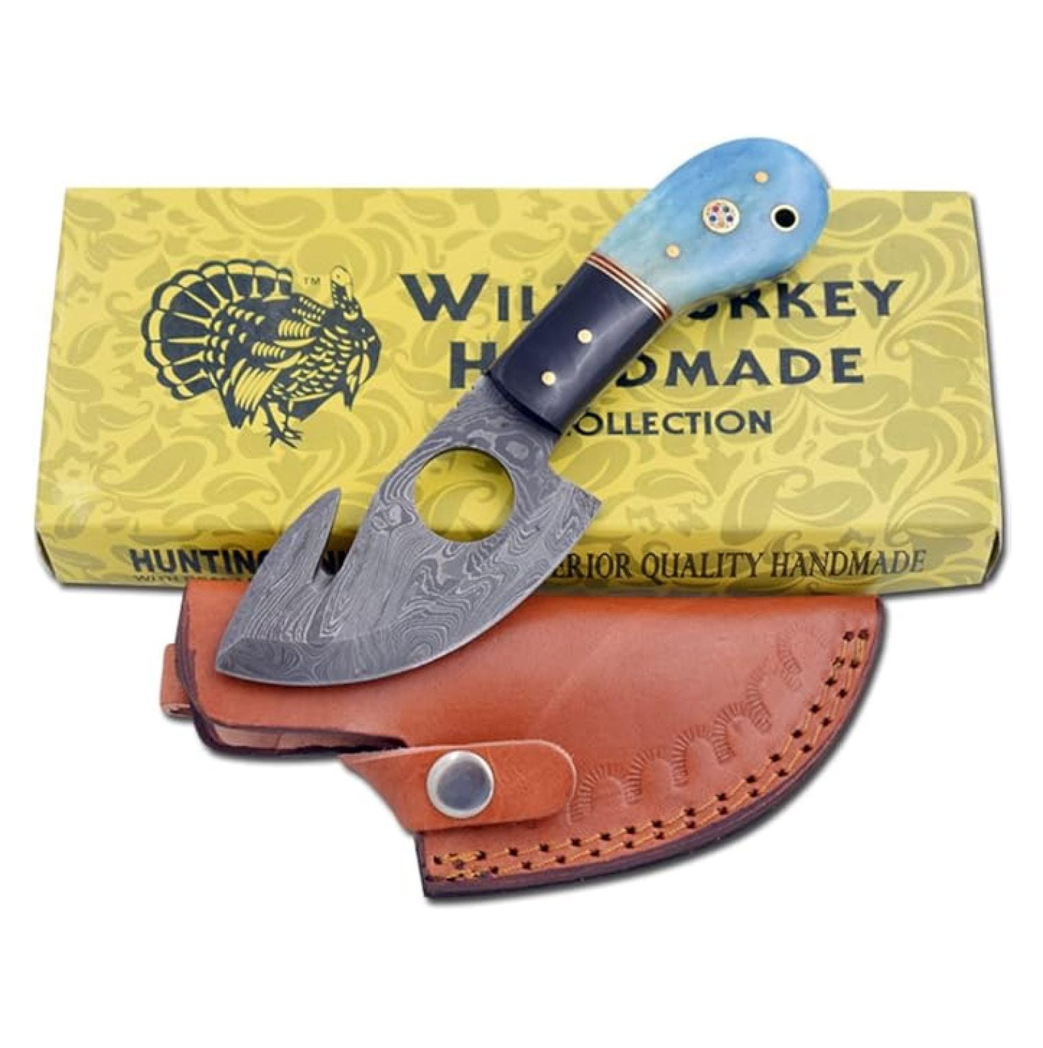 Damascus Steel Color Bone Handle Fixed Blade Full Skinner Knife w/Leather Sheath Hunting Camping Fishing Outdoor (Blue)
