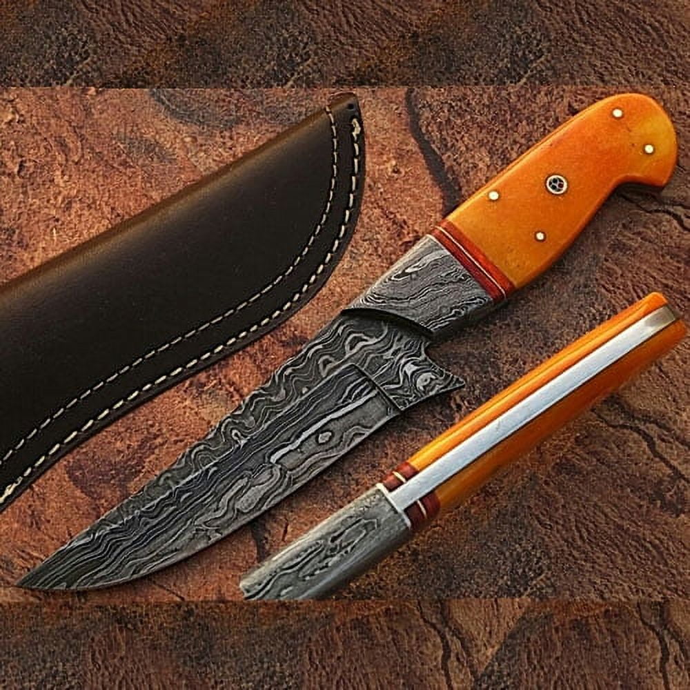 Damascus Steel Custom Hunting Knife Orange Color Camel Bone Hand