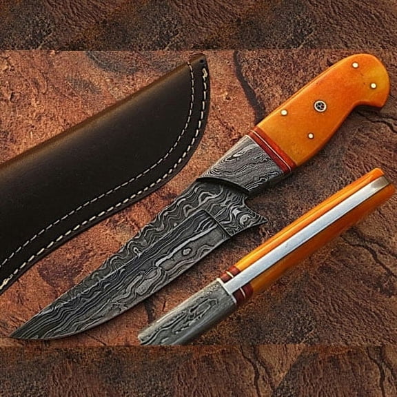 Damascus Steel Custom Hunting Knife Orange Color Camel Bone Hand