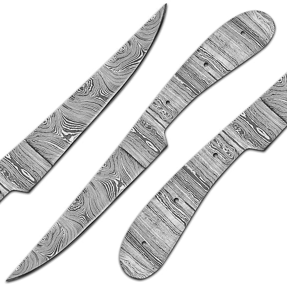 Damascus Steel Fillet Knife Kit, 10 Inches Overall, Fixed Blade, DIY Knifemaking Supplies. Kitchen knife, Fish Fillet Blank Blade, large, AMJ-Fillet-01