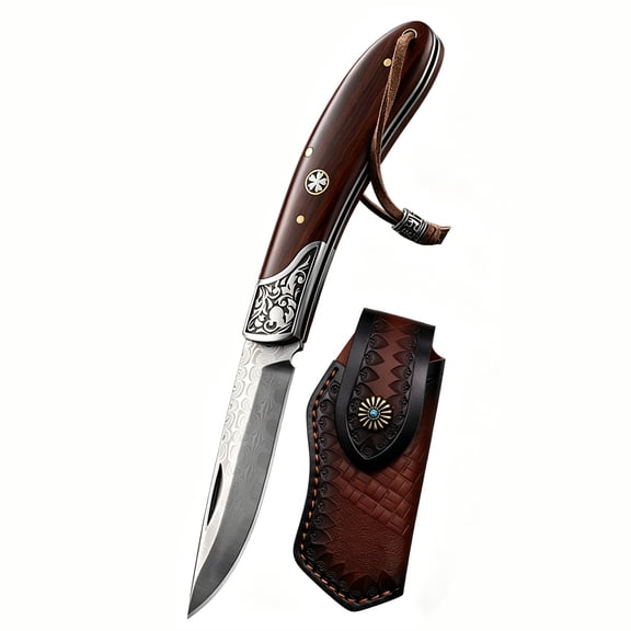 Damascus Steel Folding Pocket Knife, Kitchen Paring Fruit Knives, Exquisite Vintage Carved Handle with Individual Leather Sheath, Portable Survival Camping Pocket Knives