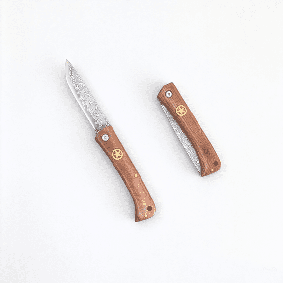 Damascus Steel Folding Pocket Knife, Wood Handle EDC Knife for Camping Collection Gift