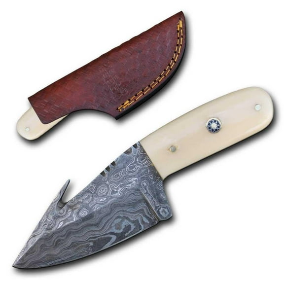 Damascus Steel Hunting Knife | White Bone Gut Hook Skinner 3" Blade + Sheath