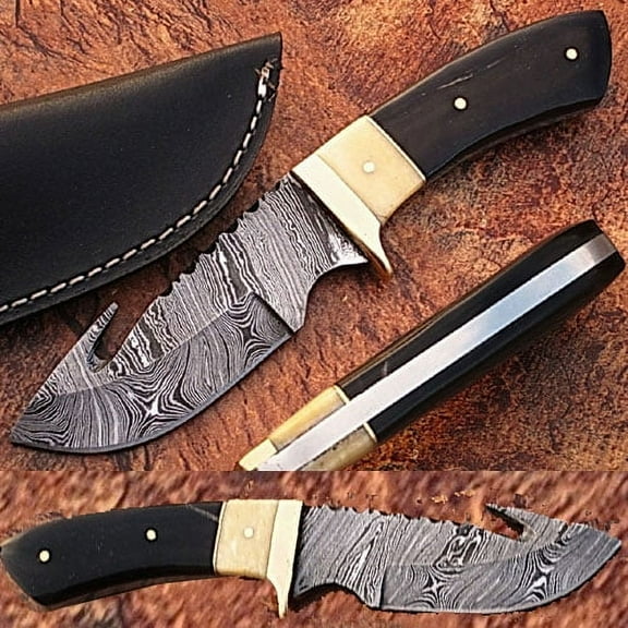 Damascus Steel Hunting Knife w/ Camel Bone & Buffalo Horn Handle