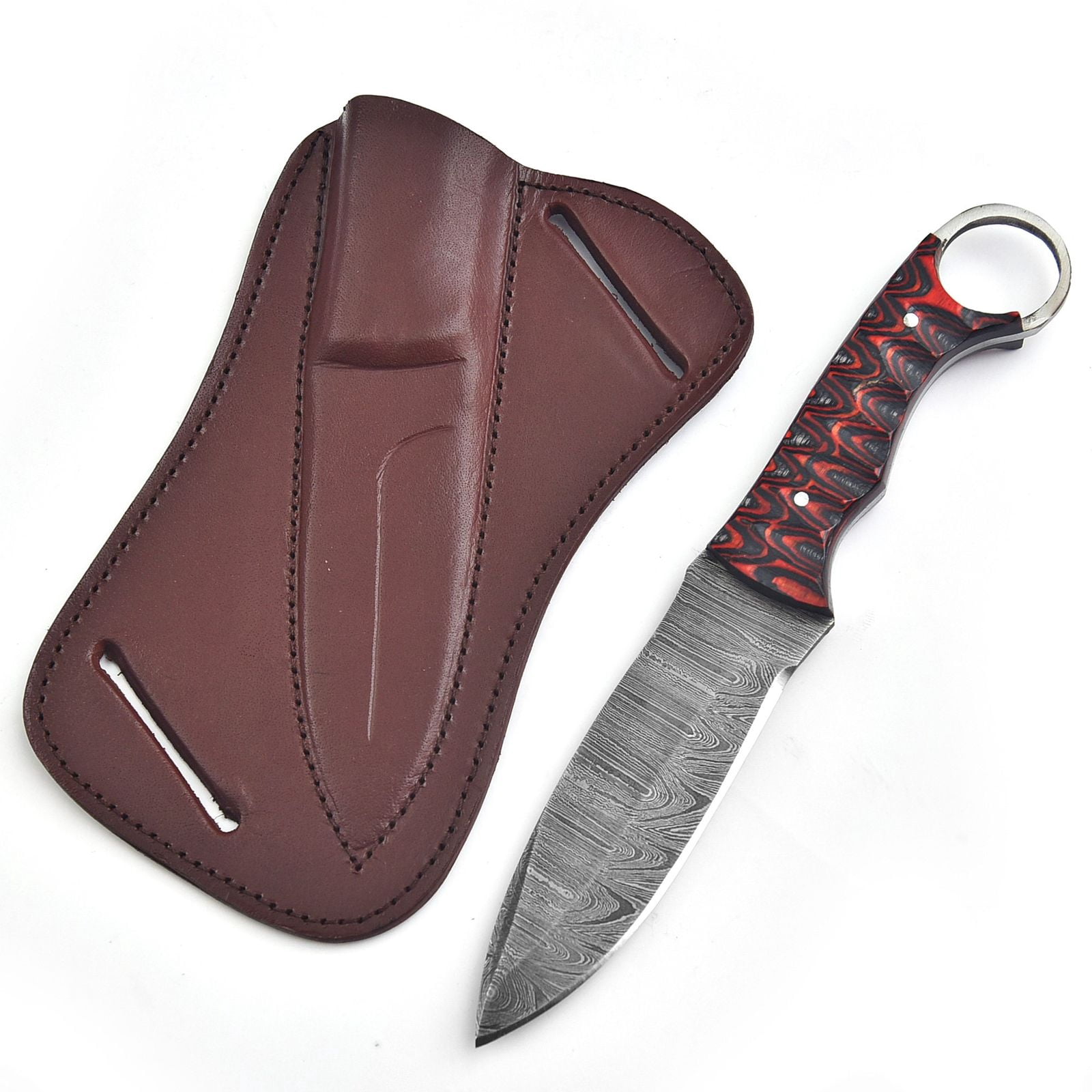 Damascus Steel Hunting Knife with Wooden Handle & Finger Ring, Fixed Blade Knife with Leather Sheath, Outdoor Camping Survival Knife