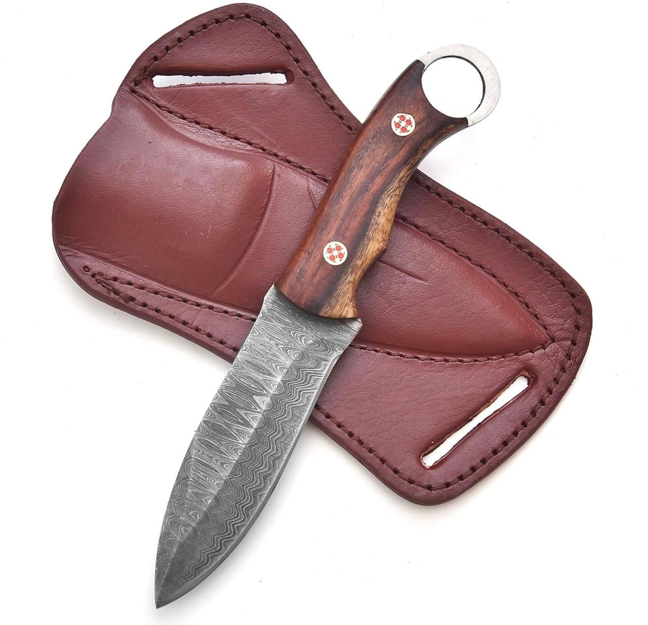 Damascus Steel Hunting Knife with Wooden handle, Fixed Blade Knife with Leather Sheath, Outdoor Camping Survival Knife