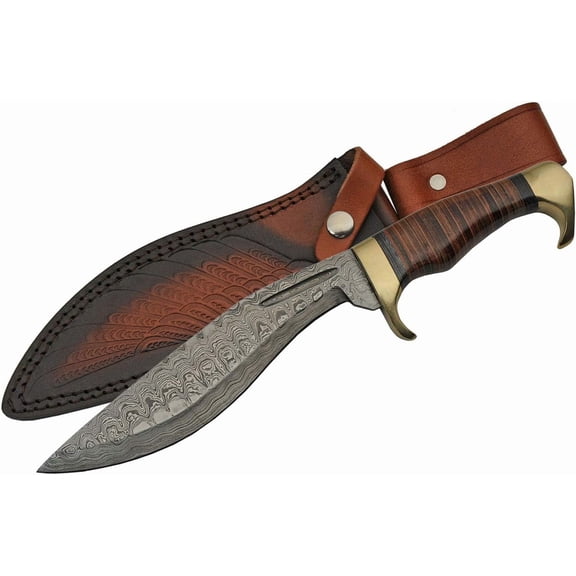 SANZ 13.5" Damascus Steel Leather-Wrapped Kukri Knife with Sheath