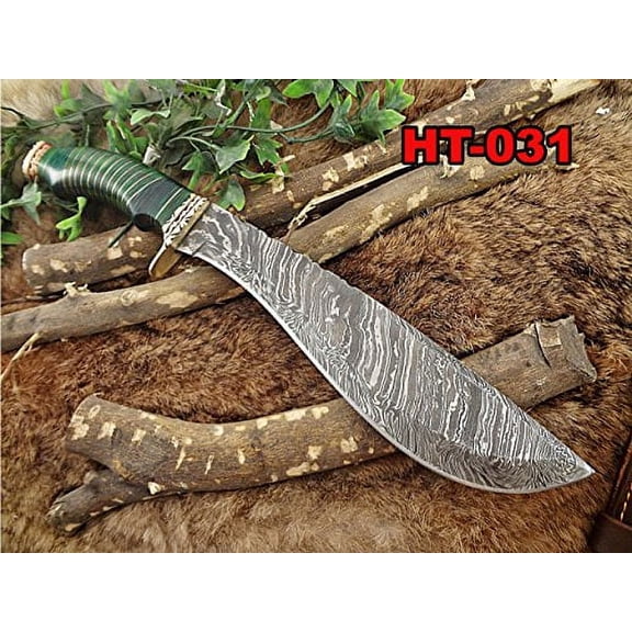 Damascus Steel Kukri Knife 14.5 Inches custom made Hand Forged With 10" blade, 2 Tone Green wood with engraved brass scale, Leather Sheath