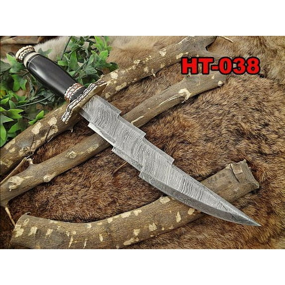 Damascus Steel Kukri Knife 15 Inches custom made Hand Forged With 10" long blade, Bull horn with engraved brass scale, Cow Leather Sheath