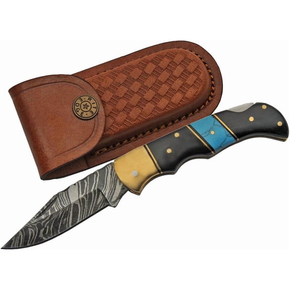 SANZ Damascus Knife  Turquoise & Horn Handle with Brass Bolster, Leather Sheath