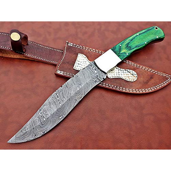 Damascus Steel Nessmuk Knife, 14" Long Custom Made Hand Forged with 8" Long Blade, 2 Tone Green Wood Scale with Steel Bolster, Exotic Cow Hide Leather Sheath Included