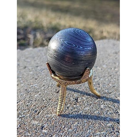 Damascus Steel Orb Sphere with Stand - Unique and Versatile Home Decor Piece - 1 Pound Solid Folded Steel - Conversation Starter Beskar Steel Desk Decor$$Office