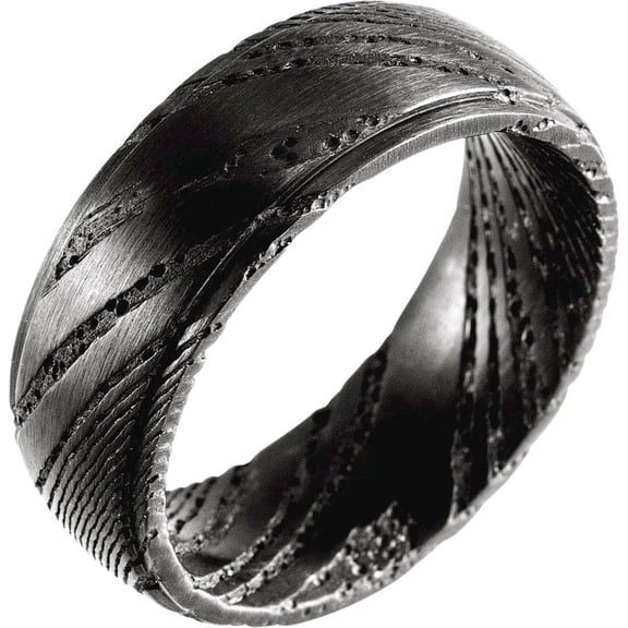 Damascus Steel Polished Flat Black Patterned Band Size 8.5 Ring for Women and Men - 7.5 Grams