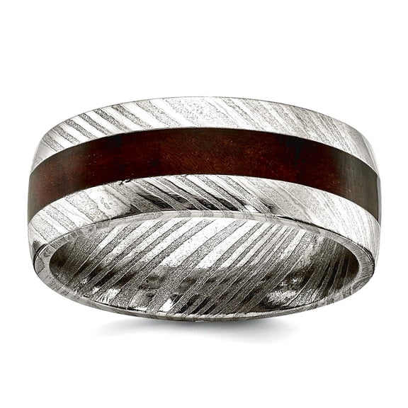 Damascus Steel Polished With Ebony Wood Inlay 8mm Band Size 8 Ring for Women and Men - 6.2 Grams