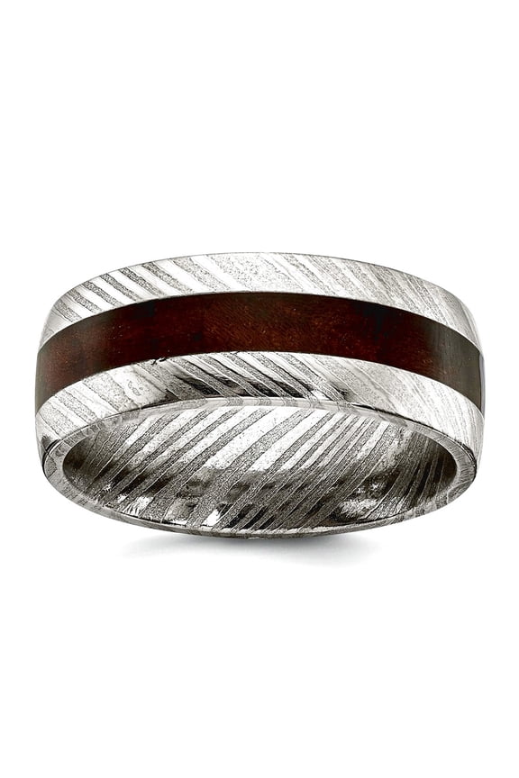 Damascus Steel Polished With Ebony Wood Inlay 8mm Band Size 8 Ring for Women and Men - 6.2 Grams