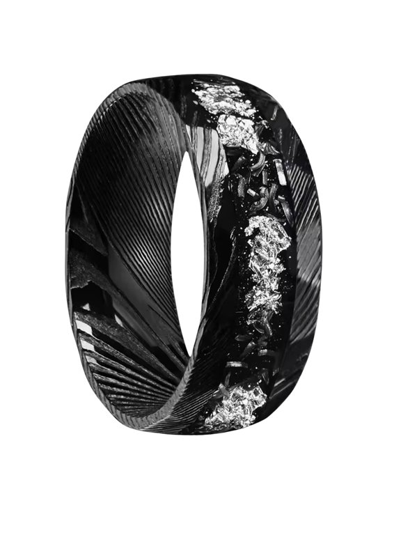Damascus Steel Ring Black Electroplated with Black Stone Inlay Unisex Band