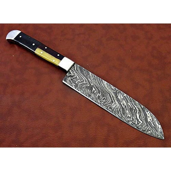 Damascus Steel Santoku Knife, 13 Inches Long with 7" Long Hand Forged Blade, Combination of Walnut Wood, Camel Bone & Bull Horn Scale with Steel Bolster