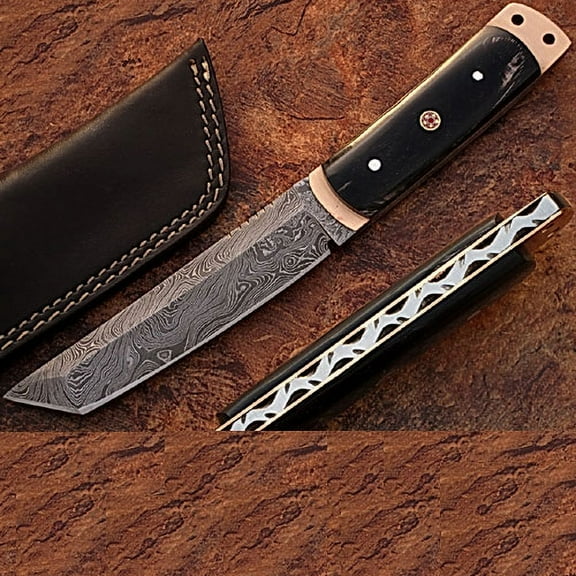 Damascus Steel Tanto Point Hunting Knife Buffalo Horn Handle