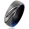 thumbnail image 1 of Damascus Steel Wedding Band Ring for Men Black Tungsten Carbide Dyed Purple Blue Box Elder Wood Burl, 1 of 3