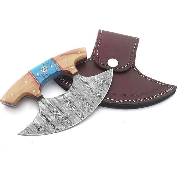 Damascus Ulu Knife, Turquoise Gem Handle 6 inch blade One-Handed Rocker Knife with Leather Sheath, Pizza Cutter Knife
