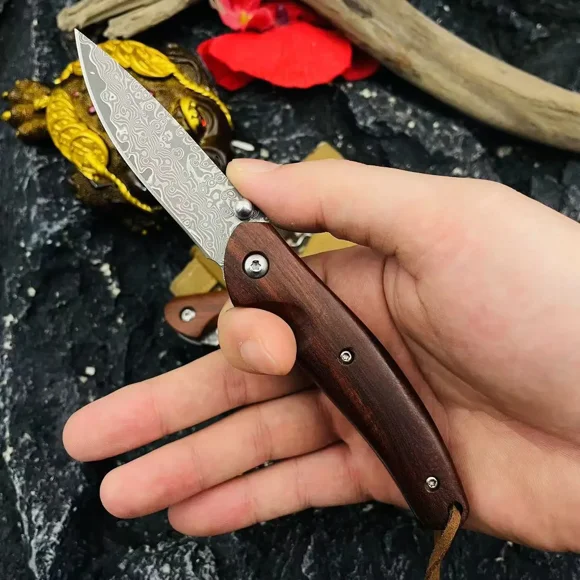 Damascus VG10 Steel Outdoor Folding Knife High Hardness Sharp Camping Portable Multi-function Survival Folding Fruit Knife (Black)