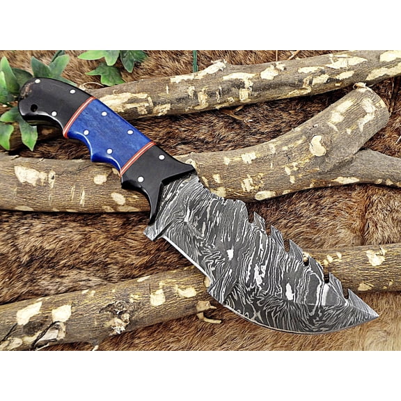Damascus steel 10" Long full tang tracker Knife hand forged twist pattern, Colored bone & bull horn scale, thick Cow hide leather sheath