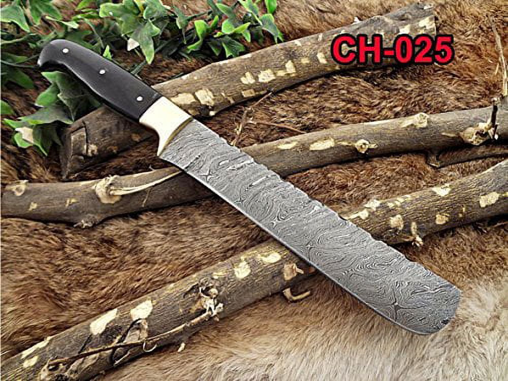 Damascus steel bakery Knife, Kitchen knife, chef knife. 13.5" long custom made full tang 9" blade Bull horn 5" scale with brass bolster
