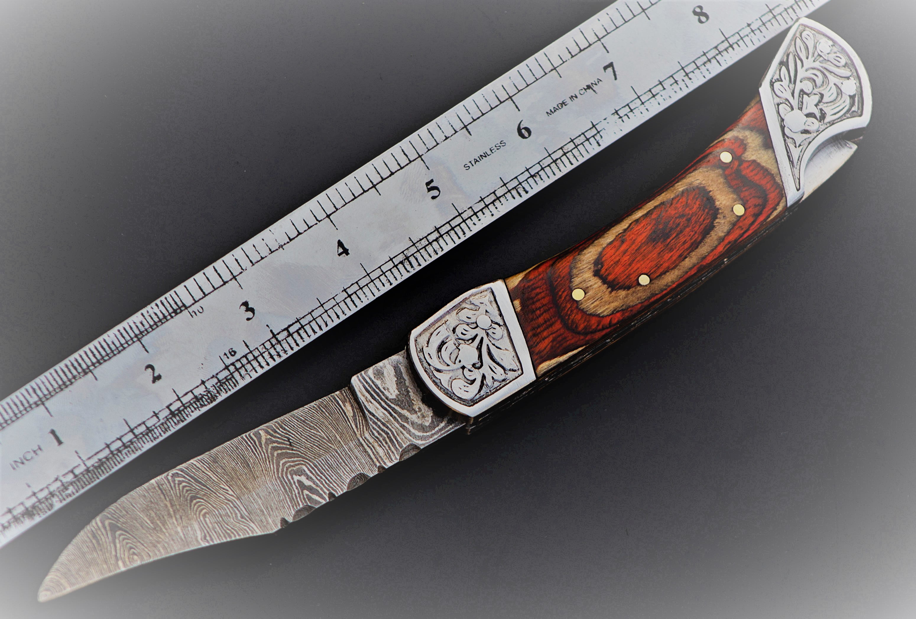 Damascus steel blade back lock folding knife with Leather sheath Reddish brown scale