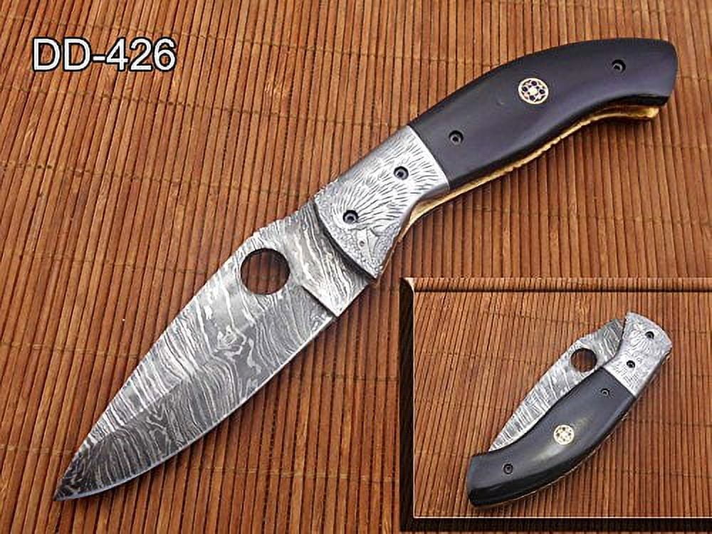 Damascus steel finger hole blade 8 Long folding knife. Natural Bull Horn  scale with Bird engraved steel Bolster. Strong brass Liner Lock equipped,  Cow Leather sheath included 