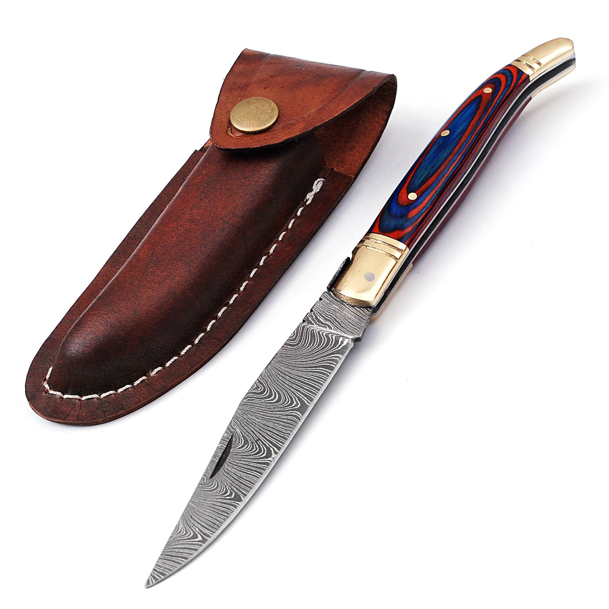 Damascus steel folding knife with leather sheath, 8.5 inches long laguiole pocket knife with 4 inches long Damascus steel Blade, 4.5 inches Blue multi colored wood scale with Brass bolster and pommel
