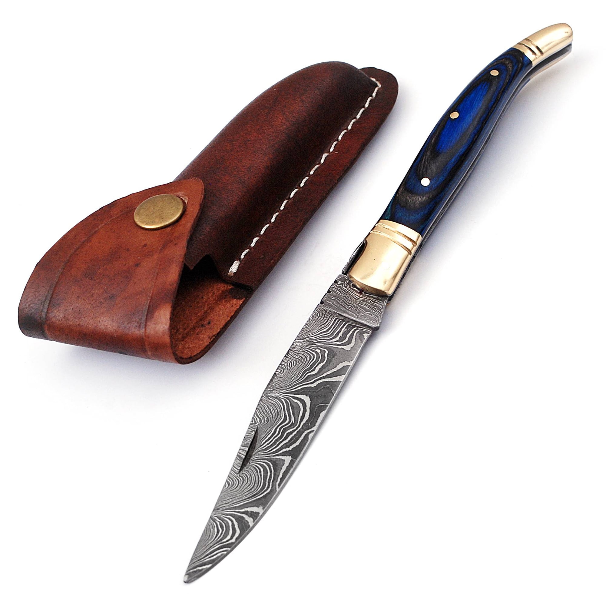 Damascus steel folding knife with leather sheath, 8.5 inches long laguiole pocket knife with 4 inches long Damascus steel Blade, 4.5 inches Blue multi colored wood scale with Brass bolster and pommel,