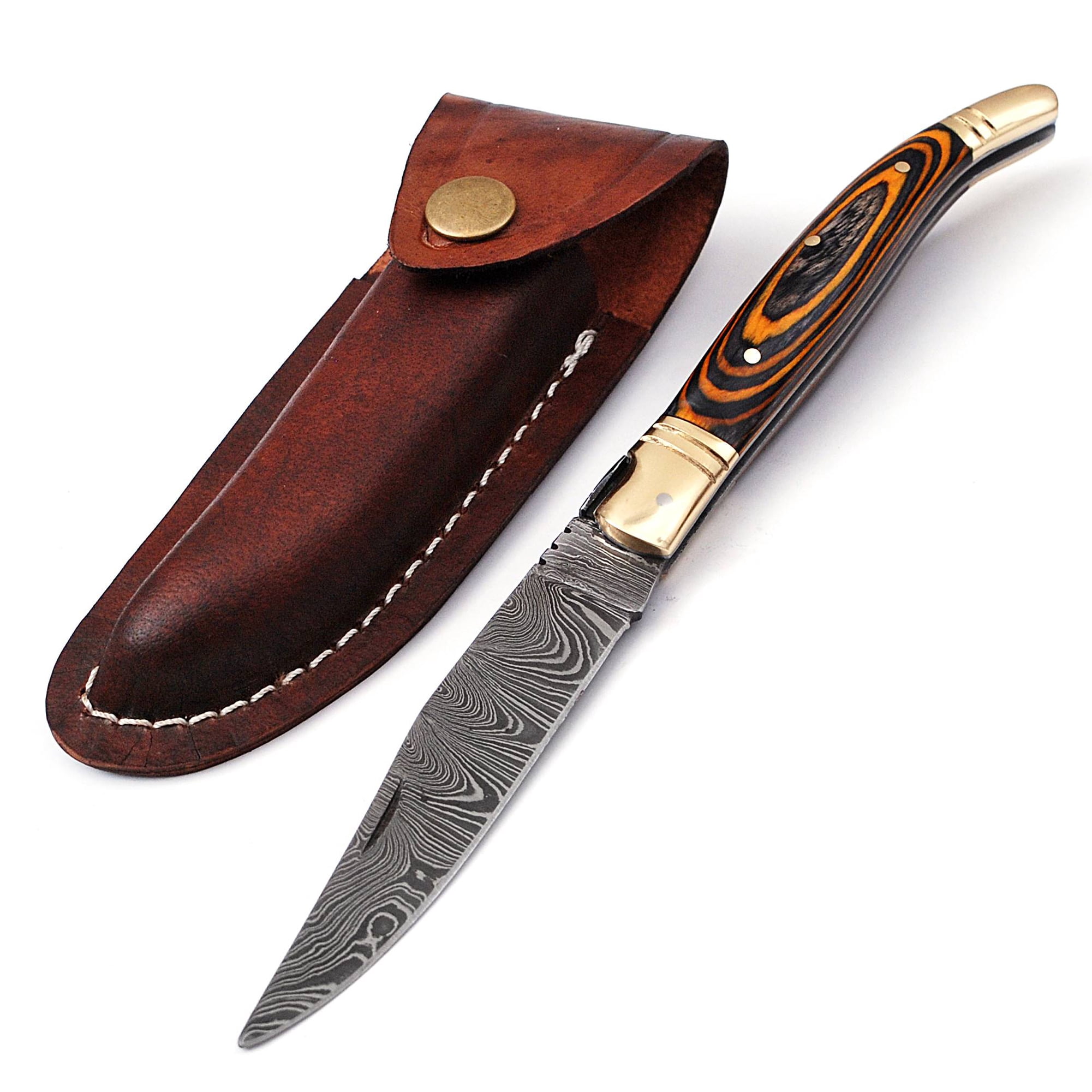 Damascus steel folding knife with leather sheath, 8.5 inches long laguiole pocket knife with 4 inches long Damascus steel Blade, 4.5 inches Orange and black multi colored wood scale with Brass bolster