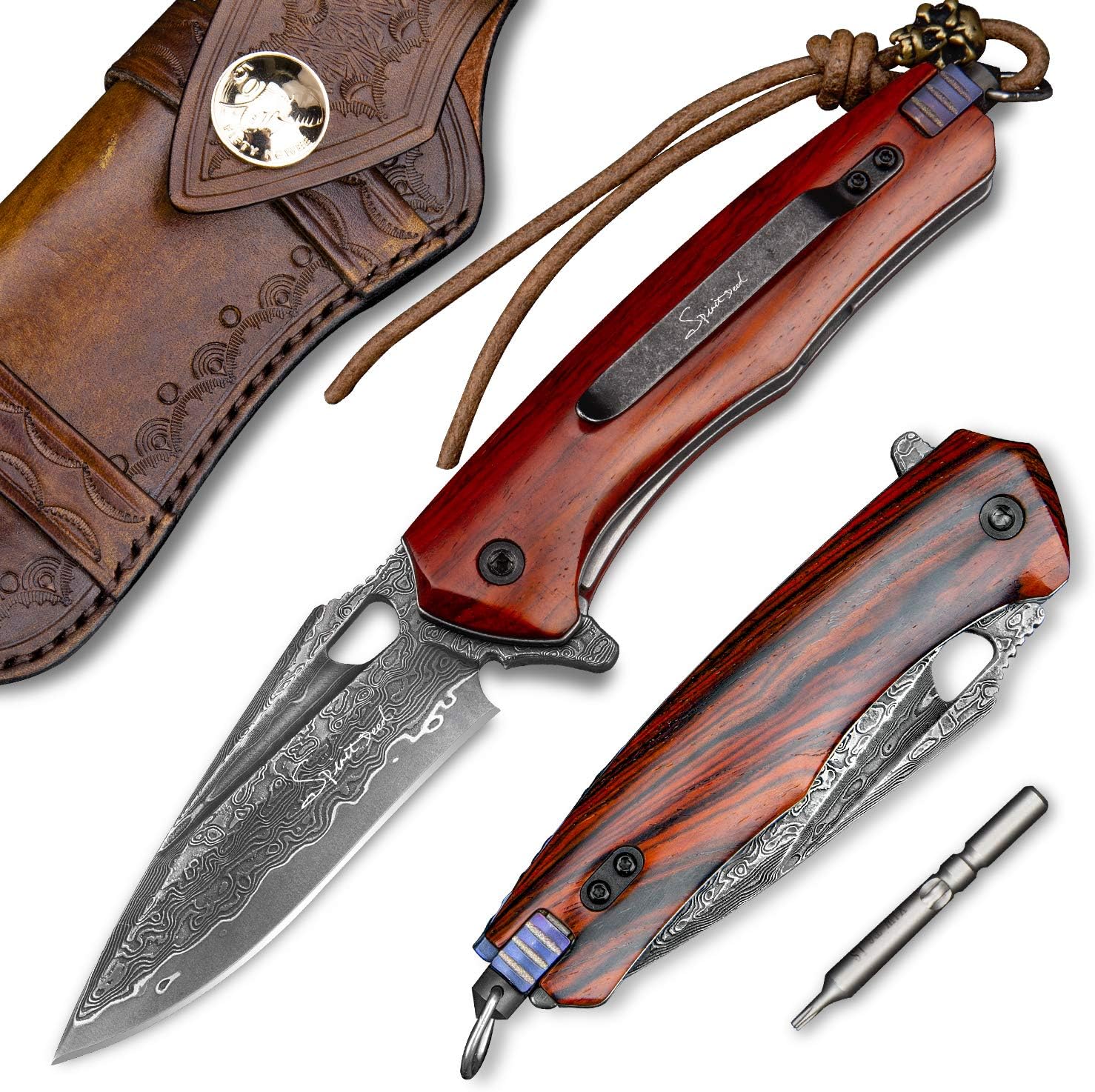 Damascus steel multifunctional EDC folding knife with self assembling pocket clip, lining lock