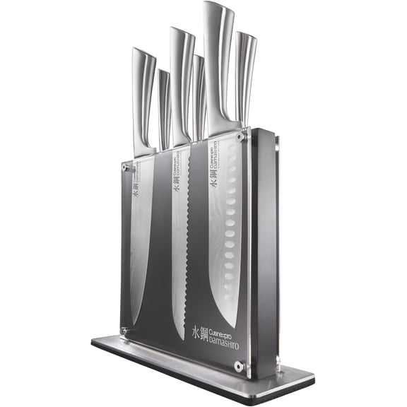 Damashiro Knife Block (Kumi, 7-Piece Chef Knife Set) - Japanese Steel Knife - Magnetic Knife Block- Damascus-Inspired Blade Kitchen Knives