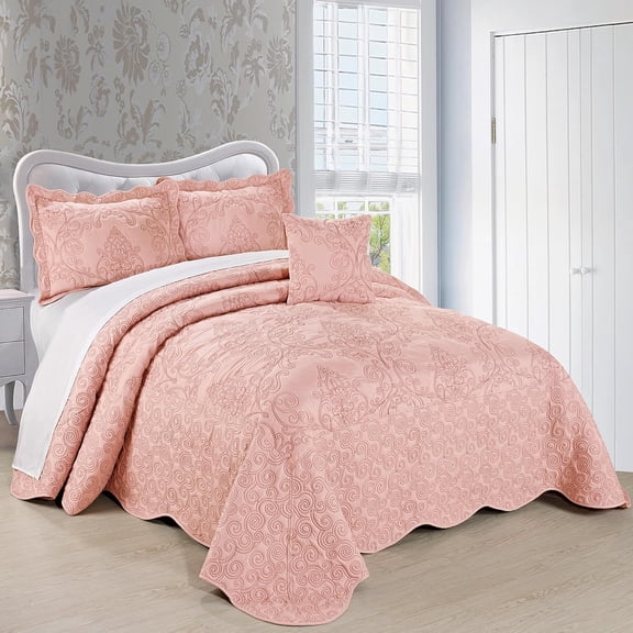 Damask 4 Piece Bedspread Set, Scalloped Edge Reversible Coverlet Comforter Prewashed Bedding Set, Matelasse Embossed Floral Solid Pattern, Dusty Pink, King (102" x 90")