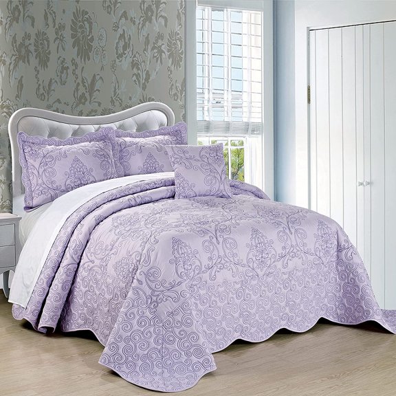 Damask 4 Piece Bedspread Set, Scalloped Edge Reversible Coverlet Comforter Prewashed Bedding Set, Matelasse Embossed Floral Solid Pattern,Lavender Fog Oversize Queen(110" x 120")