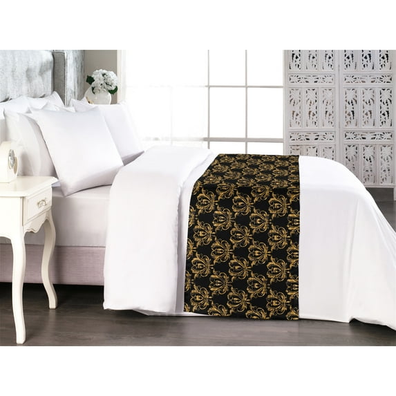 Damask Bed Runner, Vintage Flourishing Royal Floral Motif Heart Shapes Art Deco Leaves, Decorative Accent Bedding Scarf for Hotels Homes & Guest Rooms, Queen, Charcoal Grey and Marigold, by Ambesonne