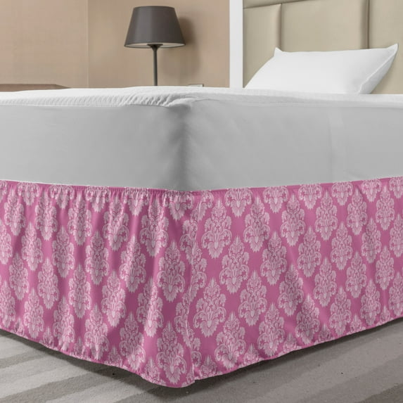 Damask Bed Skirt, Flora Design with Middle Eastern Motifs Flowers Leaves Swirls Vintage Inspirations, Elastic Bedskirt Dust Ruffle Wrap Around for Bedding Decor, 4 Sizes, Pink White, by Ambesonne
