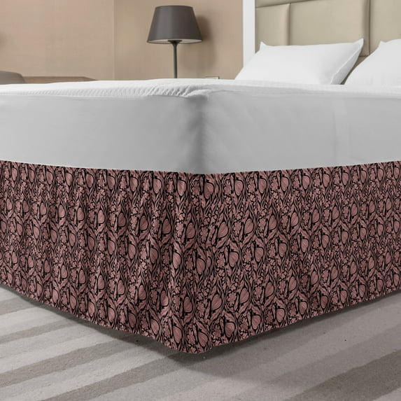 Damask Bed Skirt, Flower Shaped Ornaments Vintage Look Monochrome Continuous Pattern, Elastic Bedskirt Dust Ruffle Wrap Around for Bedding Decor, 4 Sizes, Pale Rose Charcoal Grey, by Ambesonne