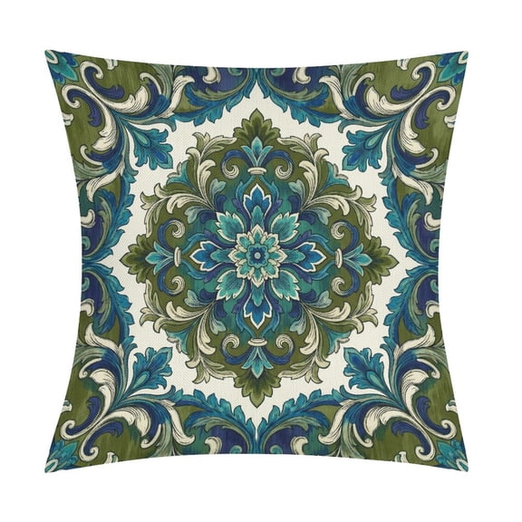 Damask Blue Green Acanthus Leaf 2-Pack Decorative Faux Linen Pillowcases, Hidden Zipper Cushion Covers for Home