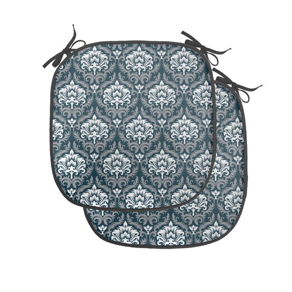 Damask Chair Seating Cushion Set of 4, Popular Floral Damask Leaf Detailed Pattern European Retro Style Art Image, Seat Pads for Office with Anti-slip Backing, 16"x16", Grey White, by Ambesonne