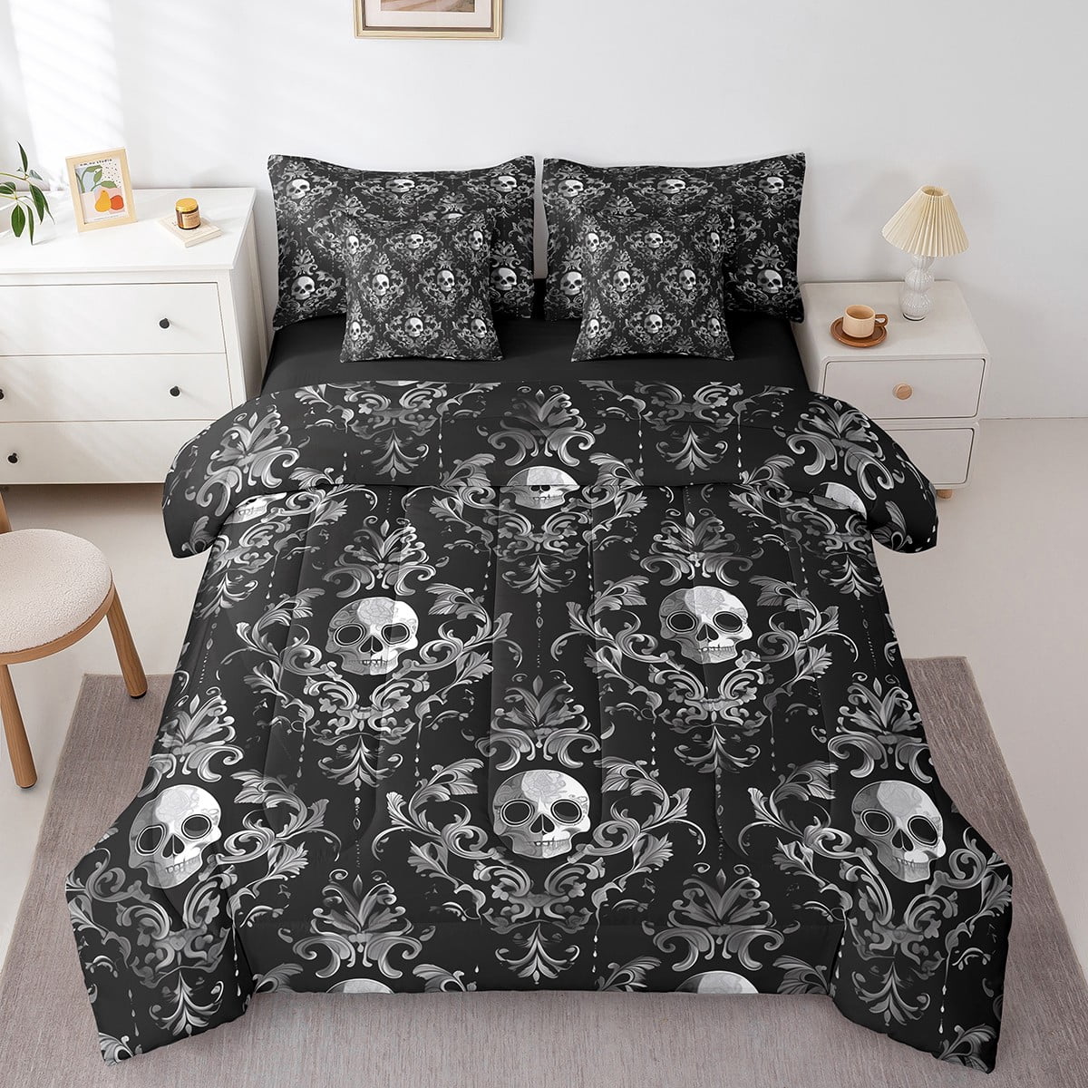 LUVIVIHOME 3PCS Skull Comforter Set Queen Size, Black And White Comforter, Fuck It Just Get Naked Bedding Sets, Skeleton Funny Bedroom Decor For Men Women, Soft Microfiber Quilt, 2 Pillow Shams