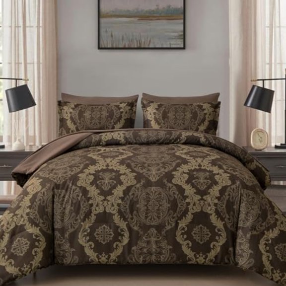 Damask Comforter Set King Size Coffee Gold Texture Design 7 Pcs Bed in a Bag Microfiber Comforter Bedding Sets -1 Comforter 1 Flat Sheet 1 Fitted Sheet 2 Pillow Shams 2 Pillowcases