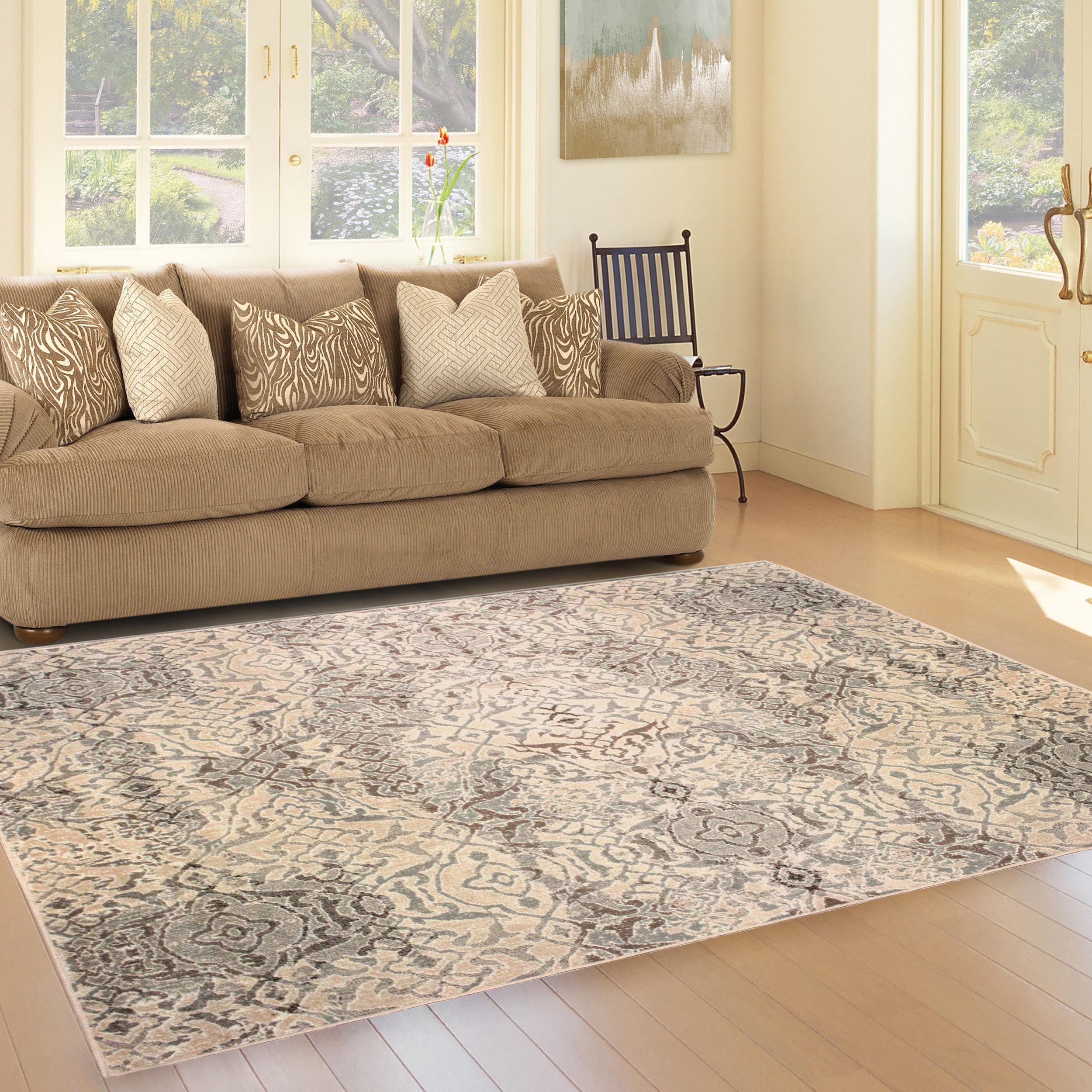 Beige and Gray Damask Polypropylene Area Rug, 8' x 10'