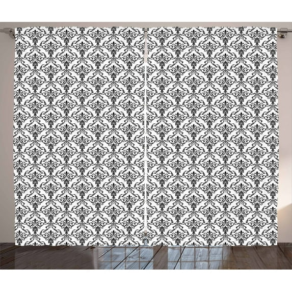 Ambesonne Damask Curtains 2 Panel Set, Ornate Style Foliage, 108" x 108", Black White