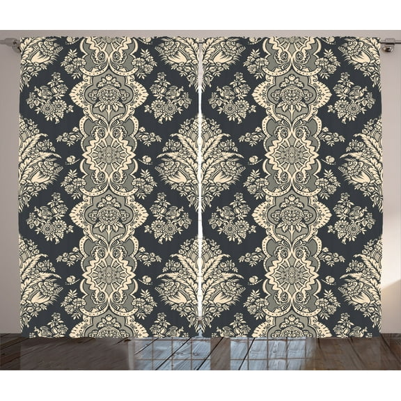 Ambesonne Damask Curtains 2 Panel Set, Victorian Baroque Style, 108" x 96", Charcoal Grey Cream