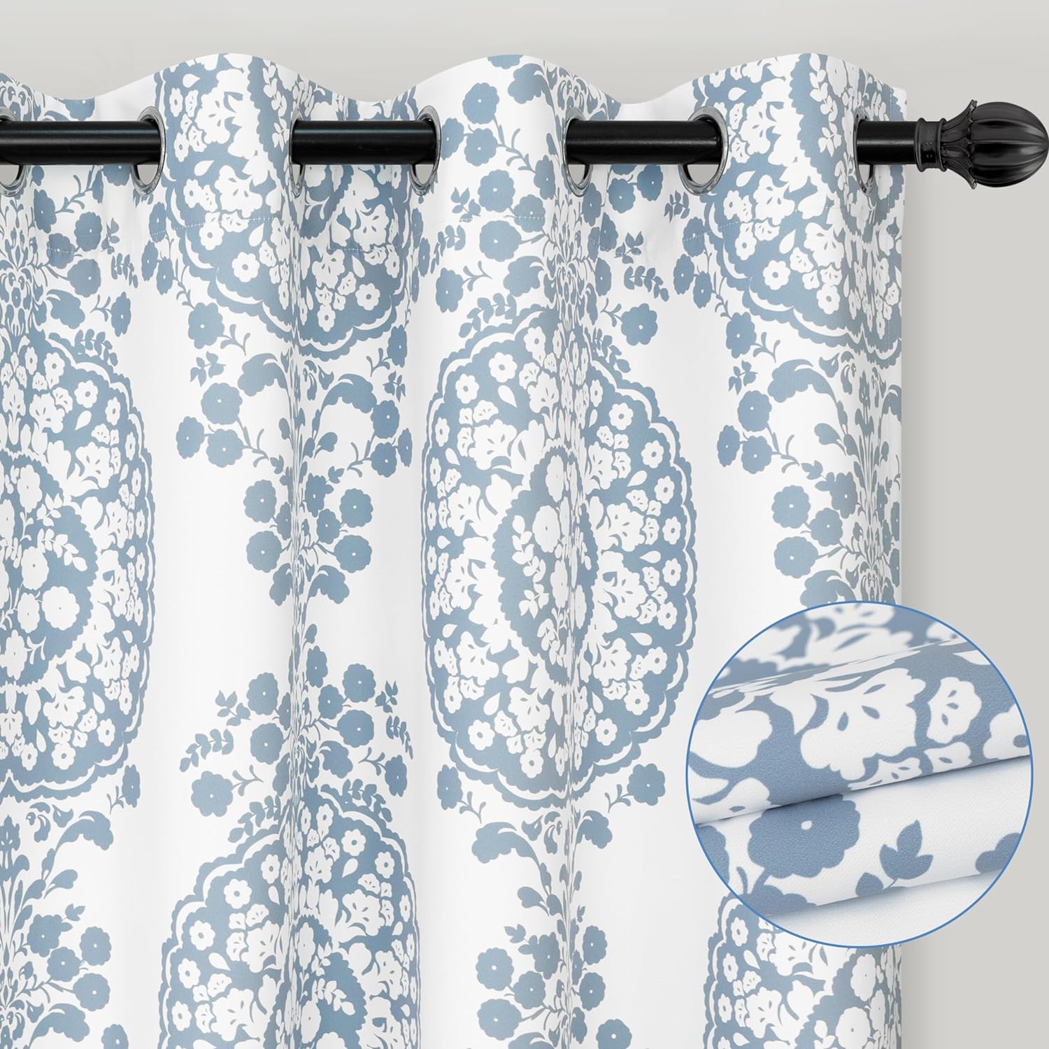 Damask Curtains Dusty Blue Room Darkening Curtains For Bedroom 96 Inch